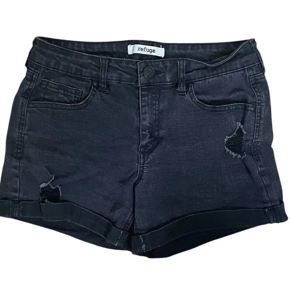 Refuge Black Denim Shorts Distressed Cuffed Stretch Women Size 2